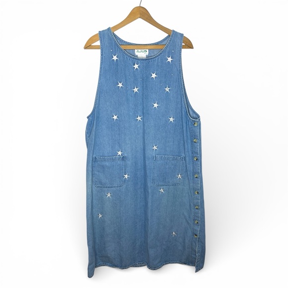 THE QUACKER FACTORY Celestial Star Embroidered Denim Shift Dress Size Large - Picture 10 of 10